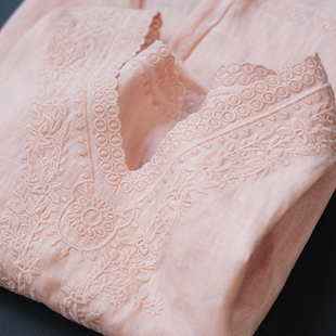 上衣女小衫 蟲小小 襯衫 夏季 100亞麻重工刺繡花邊V領(lǐng)寬松短袖 A12A