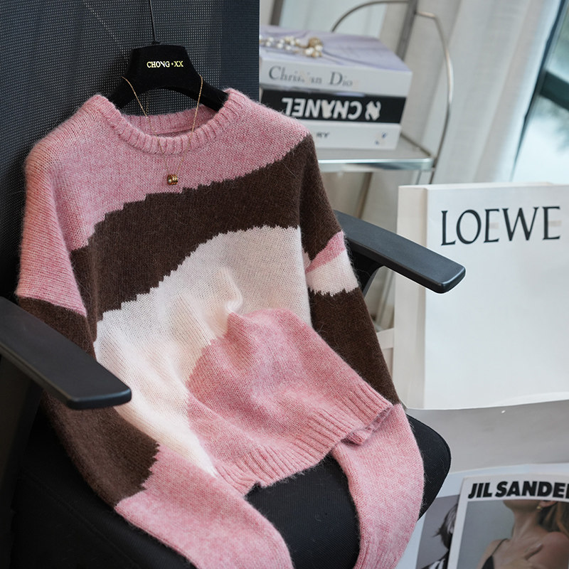 虫小小撞色羊驼毛绵羊毛针织衫