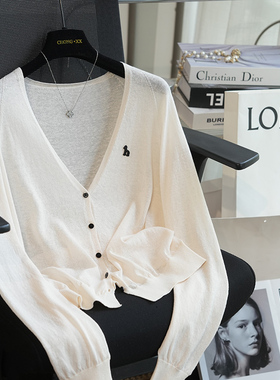 虫小小 宽松慵懒气质亚麻棉大V领针织开衫女薄款长袖上衣春夏983B