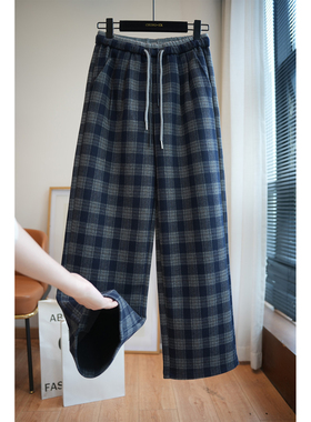 虫小小 格纹抽绳高腰加厚加绒保暖直筒阔腿裤女休闲长裤秋冬A65P
