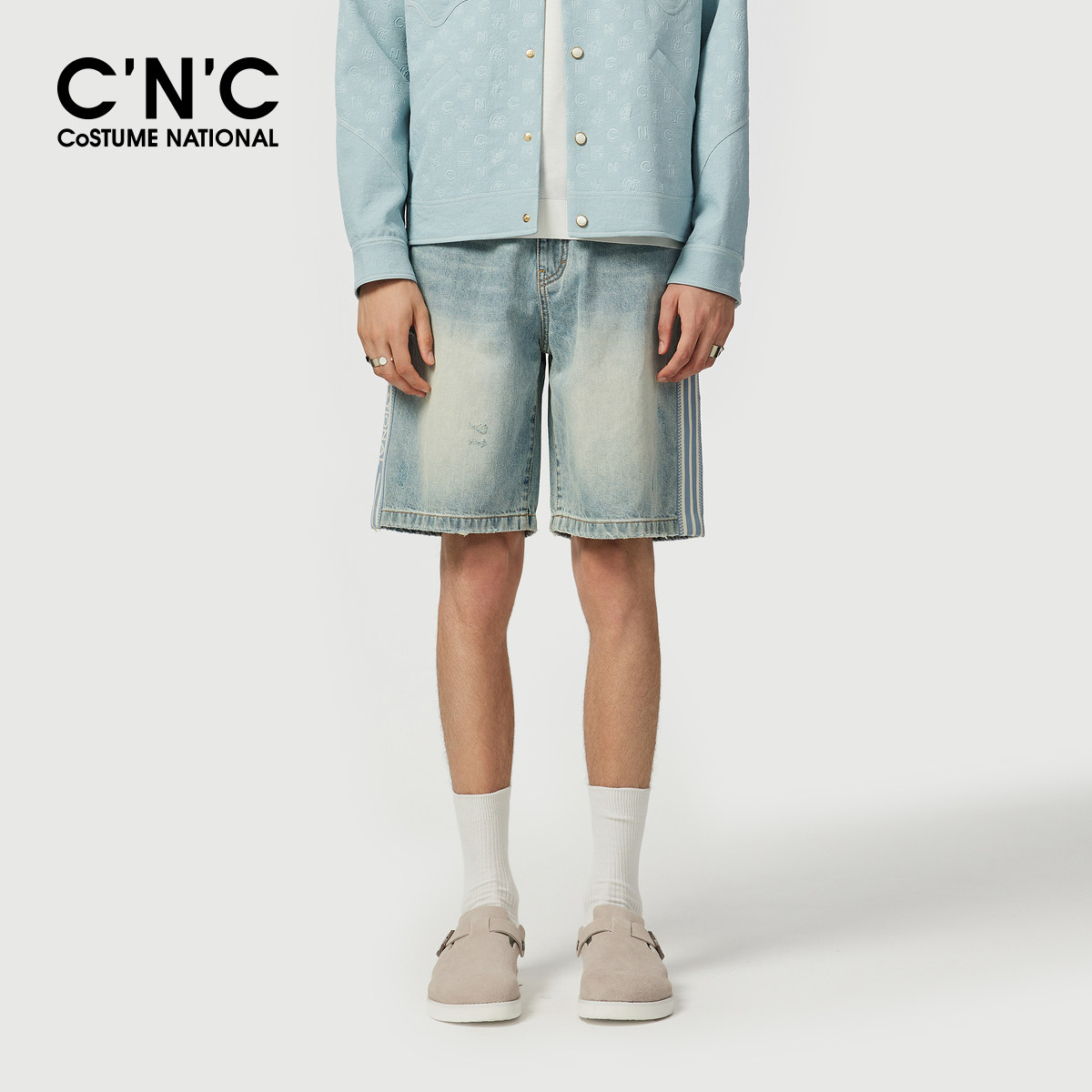 CNC男装26夏季新款纯棉男士五分牛仔裤浅蓝色品牌正品牛仔短裤