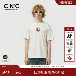 CNC男装25春夏新款几何图案男士T恤圆领合身落肩袖查纯棉青年短袖