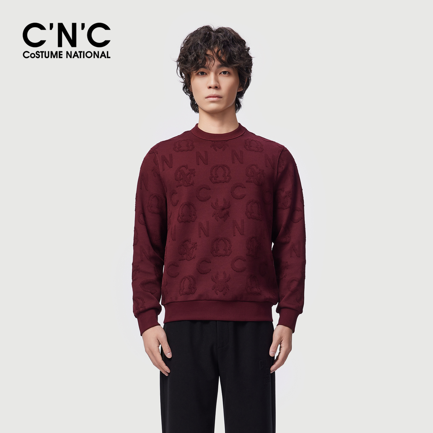 CNC男装25冬季新款满版logo图案男长袖卫衣圆领轻奢商场同款衣服