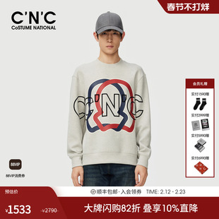 CNC男装秋冬新款轻奢薄绒男长袖圆领卫衣大logo印花保暖加厚卫衣