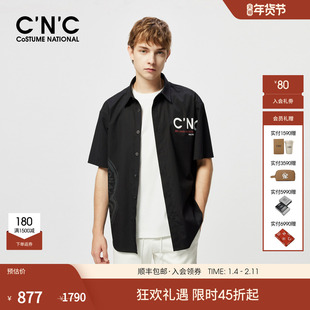 CNC男装25夏季新款字母印花五分袖男士短袖衬衫黑色宽松轻奢衬衣