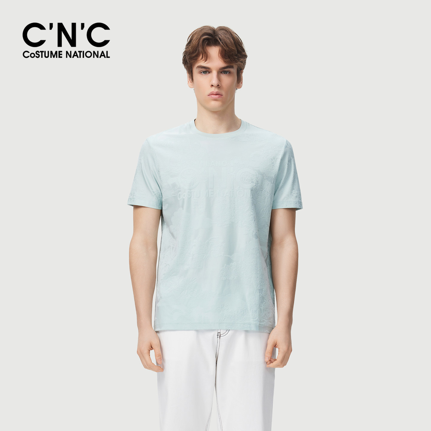 CNC男装26夏季新款暗格印花男士圆领短袖T恤logo图案轻奢体