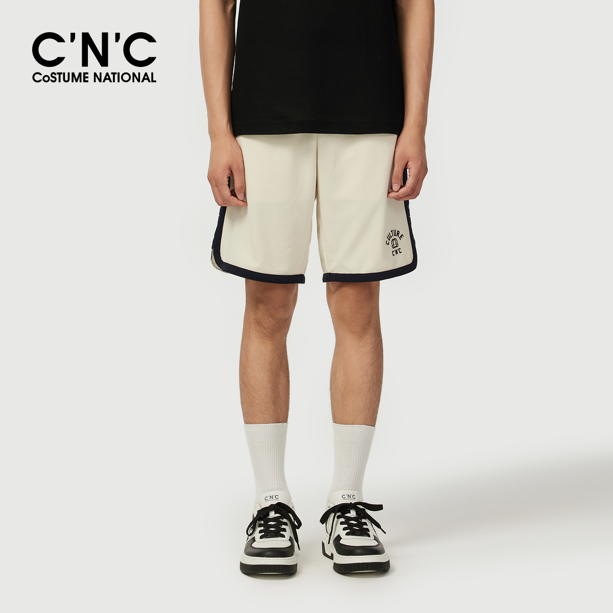 CNC男装25夏季新款品牌logo撞色图案男士休闲抽绳松紧腰五分短裤