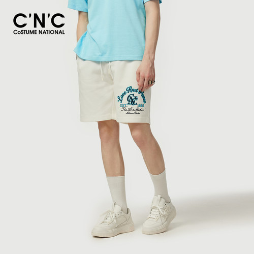CNC男装夏季新款珠地针织男休闲短裤品牌印花宽松薄款透气五分裤