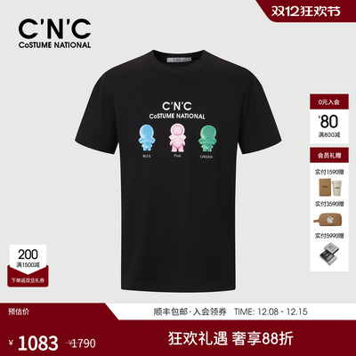 CNC男装25春夏新款卡通公仔印花男士短袖T恤圆领黑色时尚休闲短T