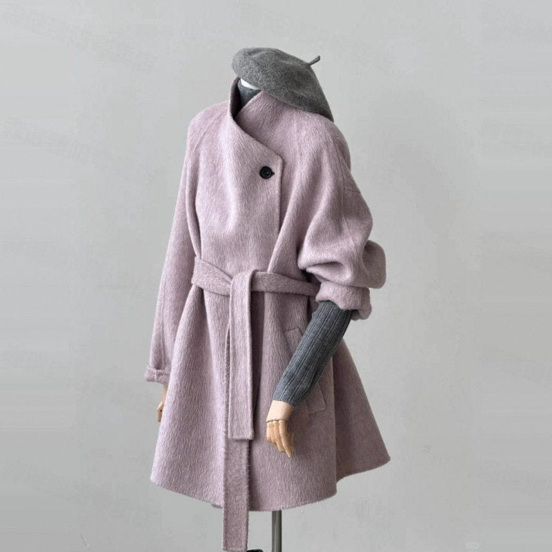 粉紫色中长款毛呢外套女冬季大码胖mm韩系高级感时髦减龄呢子大衣