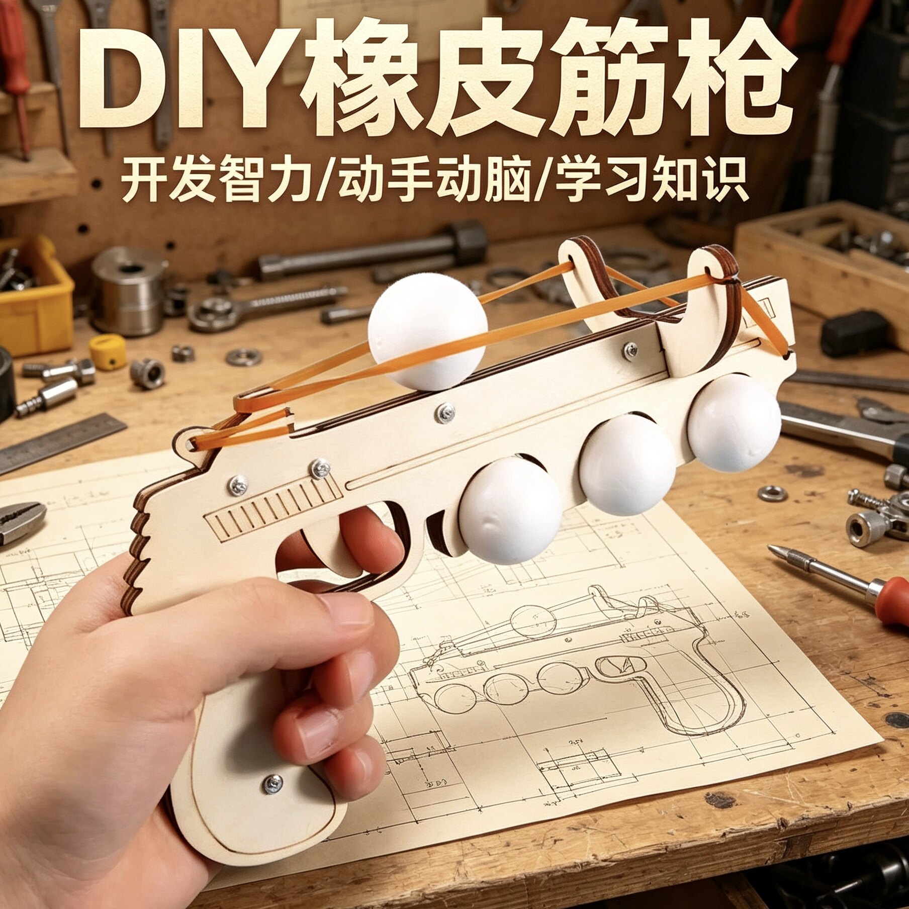 DIY可发射橡皮筋手枪 小学生手工科技小制作益智拼装教具创意玩具