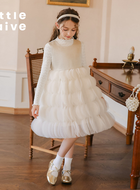 Little Naive儿童春秋礼服蛋糕裙女童白色蓬蓬裙网纱公主裙生日