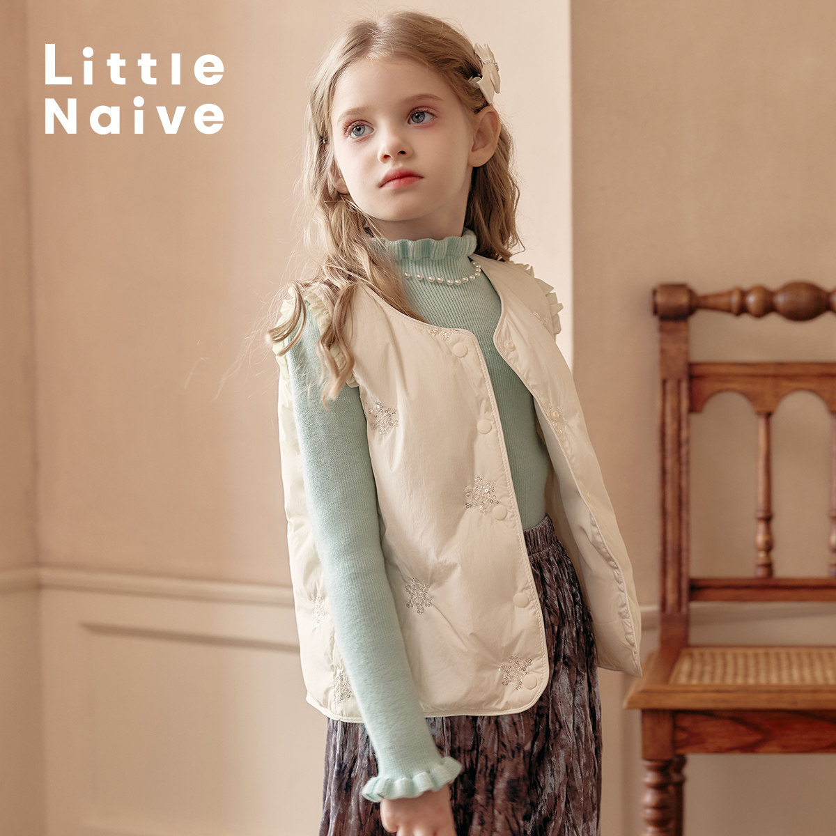 LittleNaive羽绒马甲女童冬款轻薄木耳边羽绒服儿童刺绣保暖背心,童装/婴儿装/亲子装,羽绒马甲,淘宝优惠券,粉丝福利购,淘宝优惠卷