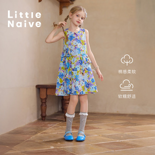 Little Naive儿童碎花连衣裙夏季新款法式圆领背心裙女童度假长裙
