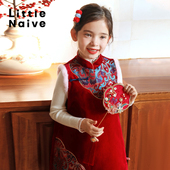 LittleNaive连衣裙女童新中式 冬季 红色拜年服节日旗袍夹棉背心裙