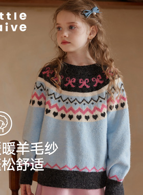 Little Naive女童费尔岛毛衣冬季新款儿童圣诞提花套头毛衫 甜美
