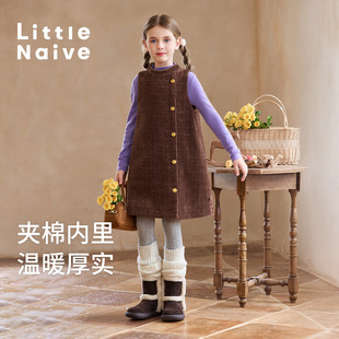 Little Naive女童冬季撞色灯芯绒夹棉裙子修身针织衫儿童冬装套装