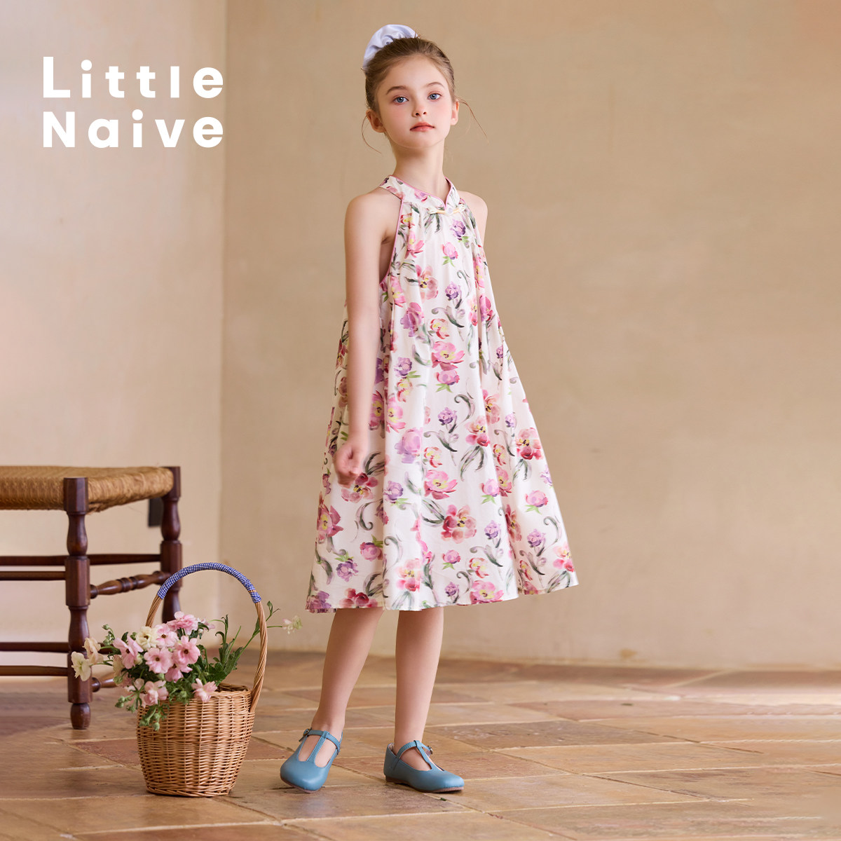 Little Naive儿童旗袍裙夏季新款田园甜美碎花裙子女童纯棉连衣裙