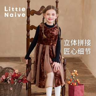 Little Naive儿童丝绒连衣裙秋冬季拼接网纱裙女童节日礼服裙子