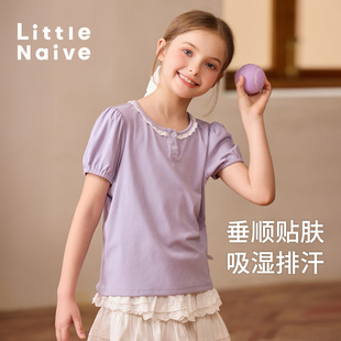 圆领花边上衣儿童针织短袖 Little 法式 Naive女童甜美T恤夏季 新款