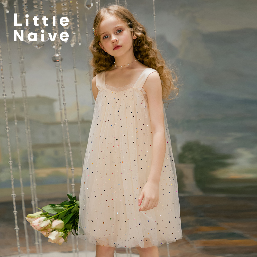 LittleNaive礼服裙儿童夏季新款网纱亮片背心裙女童公主连衣裙