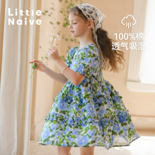 LittleNaive中大童连衣裙春夏儿童碎花裙纯棉宽松甜美女童公主裙