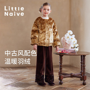 Little Naive外套女童羽绒服冬季中式保暖外套儿童红色加绒拜年服