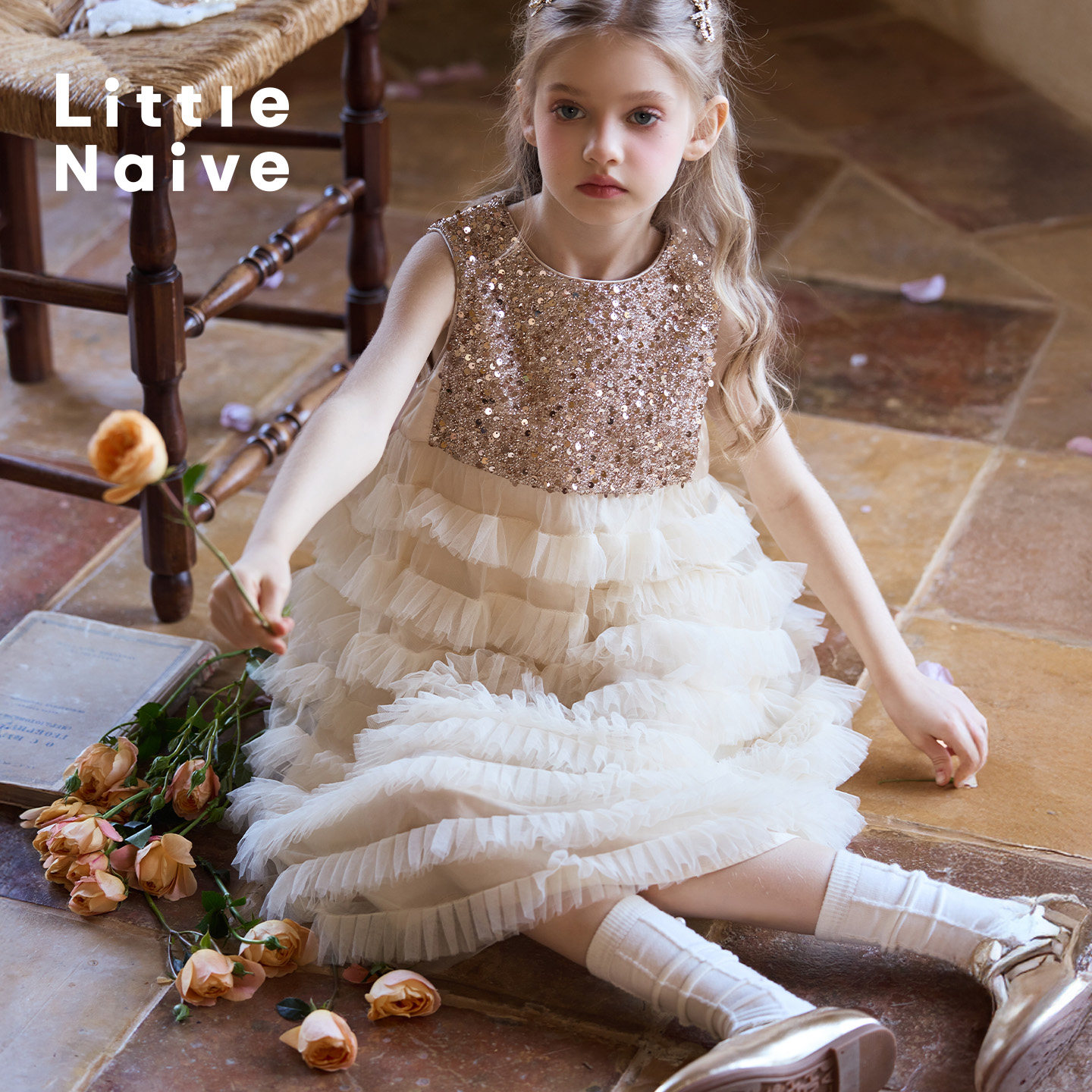 Little Naive女童连衣裙夏季新款法式甜美公主蛋糕裙儿童背心裙