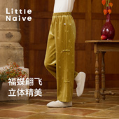 Naive女童丝绒直筒裤 秋冬季 蝴蝶压花长裤 Little 儿童百搭加绒裤 子