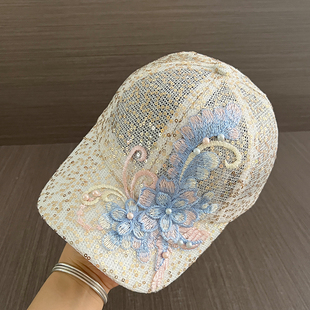 韩版 蕾丝网纱镂空透气亮片棒球帽子女夏天遮阳百搭鸭舌帽 ins薄款