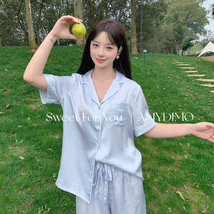 闺蜜情侣私人定制真丝睡衣女短袖高级感纯色小清新韩版家居服套装