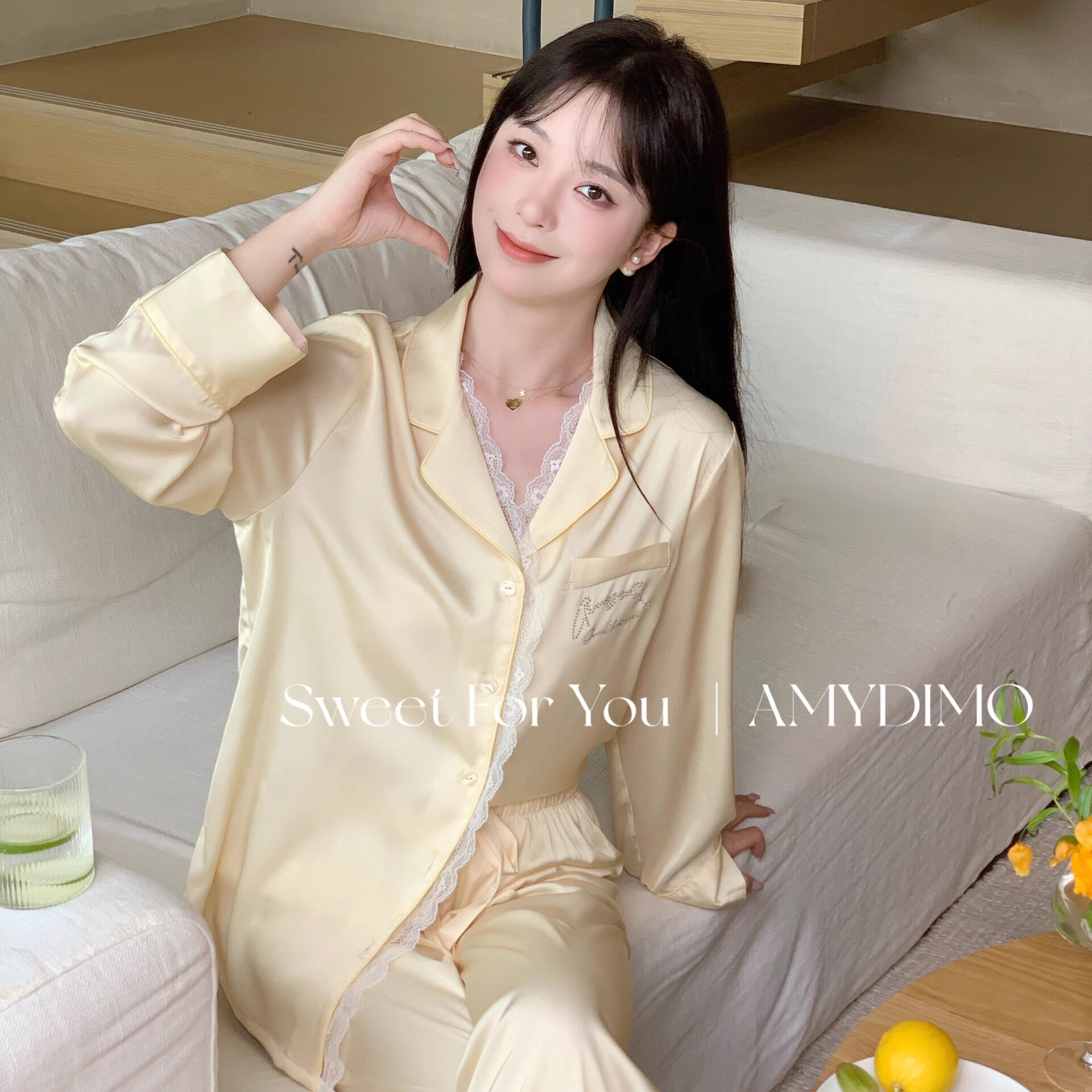 2024新款秋季缎面蕾丝拼接网红休闲长袖睡衣女高级感家居服两件套