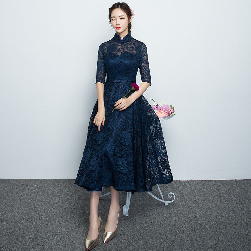 晚礼服中长款2020新款秋季中袖立领礼服女宴会中式改良旗袍连衣裙
