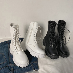 白色马丁靴女夏季 炸街瘦瘦靴甜酷中筒靴子 潮酷ins厚底增高拉链款