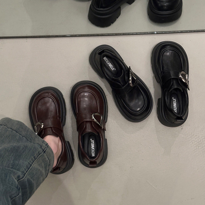 英伦风黑色小皮鞋女松糕增高大头小个子一脚蹬魔术贴厚底乐福单鞋,女鞋,深口单鞋,淘宝优惠券,粉丝福利购,淘宝优惠卷