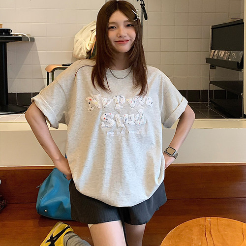 彩虹点贴布刺绣宽松短袖