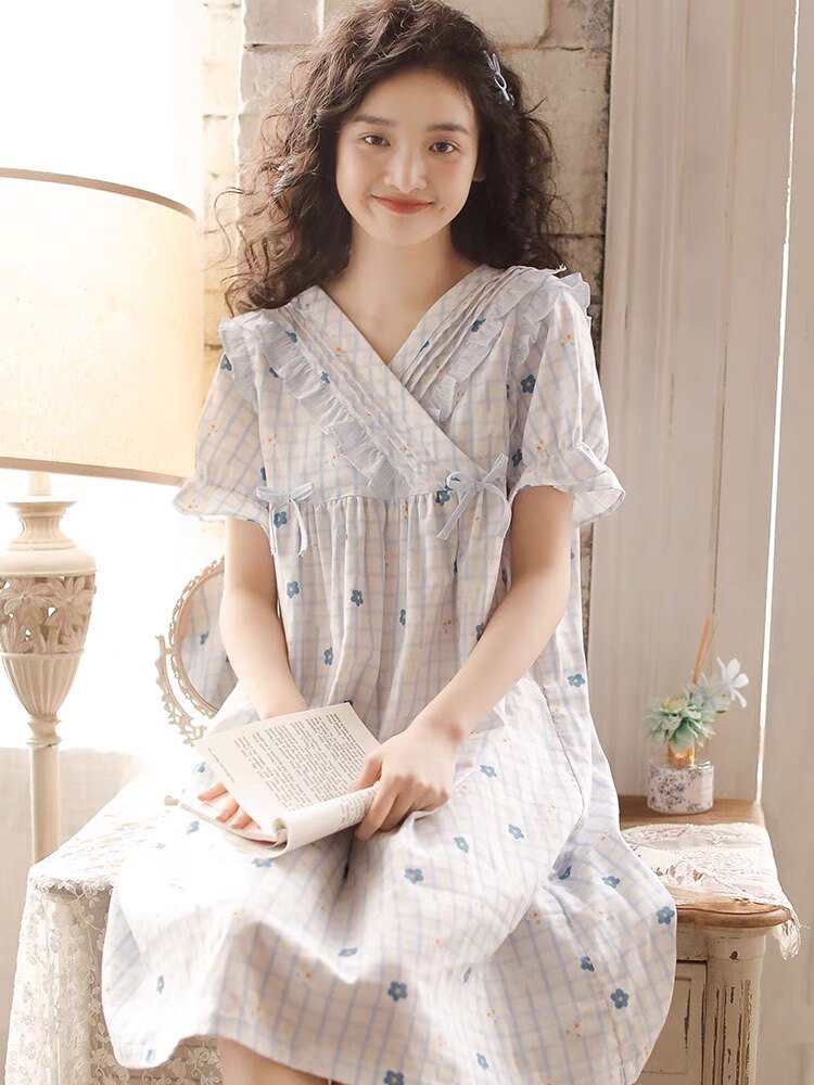 2022新款短袖睡衣女夏季日系薄款棉料格子印花睡裙孕妇休闲家居裙