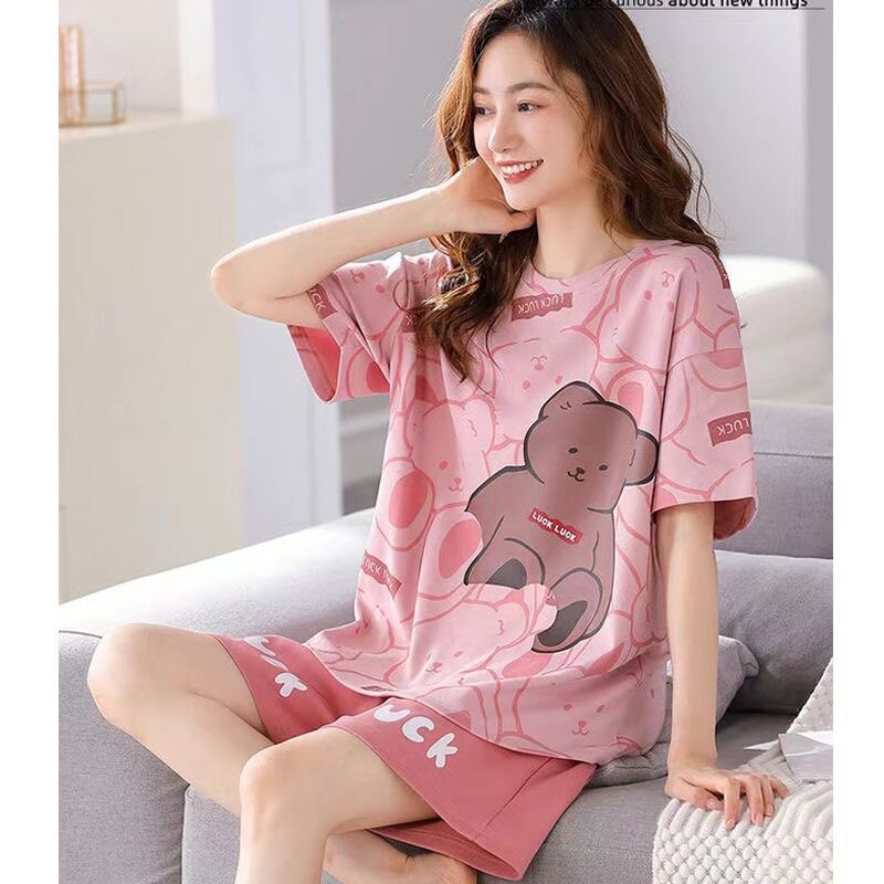 睡衣女短款夏季短袖短裤大码纯棉套装休闲运动全棉外穿家居服夏天