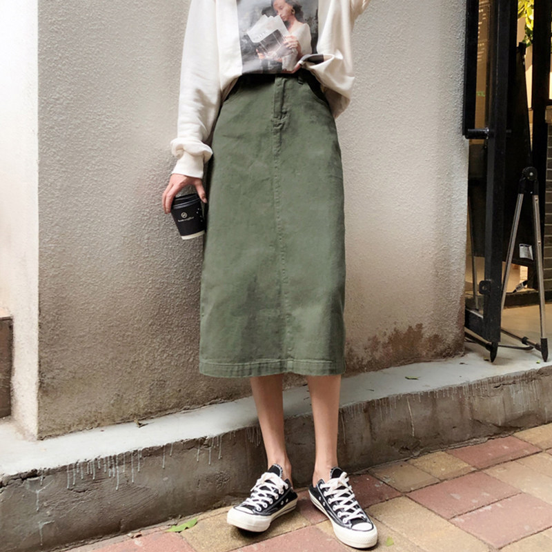 2019新款韩版chic军绿色显瘦高腰半身裙女学生中长款A字牛仔裙子|ruв категории Женская одежда, юбка - от Buy2taobao.com для оказания профессиональной услуги покупки агента Taobao