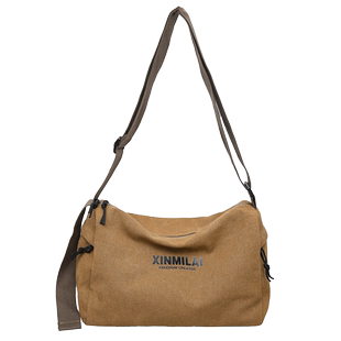 复古帆布斜挎包男单肩包旅行运动健身包大容量休闲简约潮牌邮差包