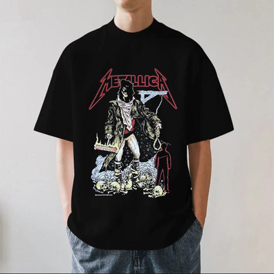 Metallica金属乐队地球人美式摇滚280g重磅纯棉男短袖落肩T恤宽松