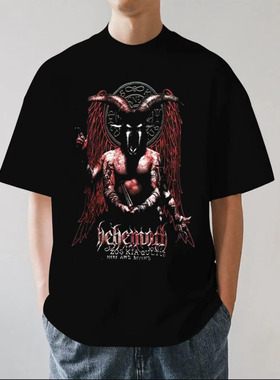 Behemoth巨兽乐队摇滚羊头波兰黑死金属重磅280g纯棉短袖T恤宽松