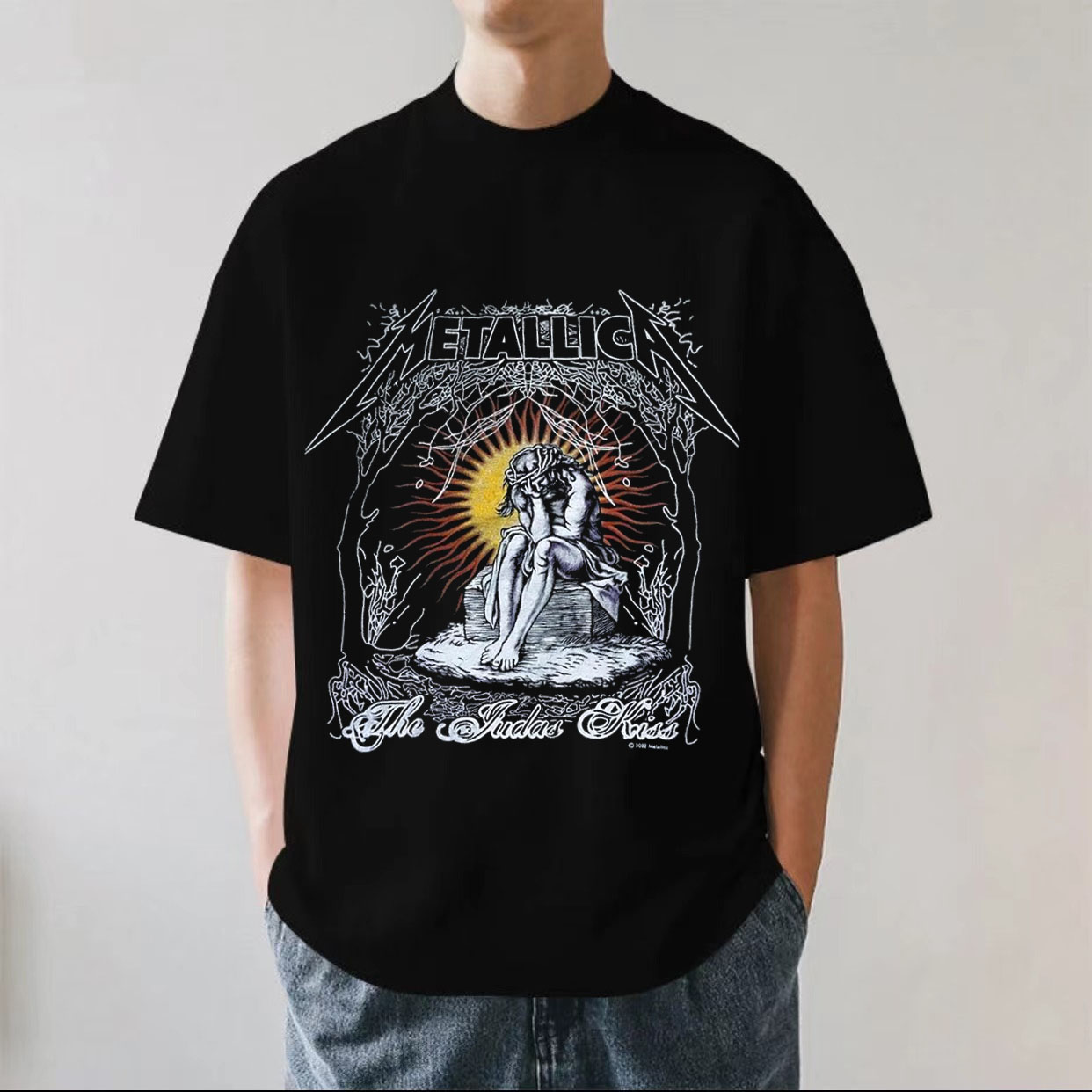 METALLICA重金属乐队美式复古摇滚280g重磅纯棉男短袖落肩T恤宽松