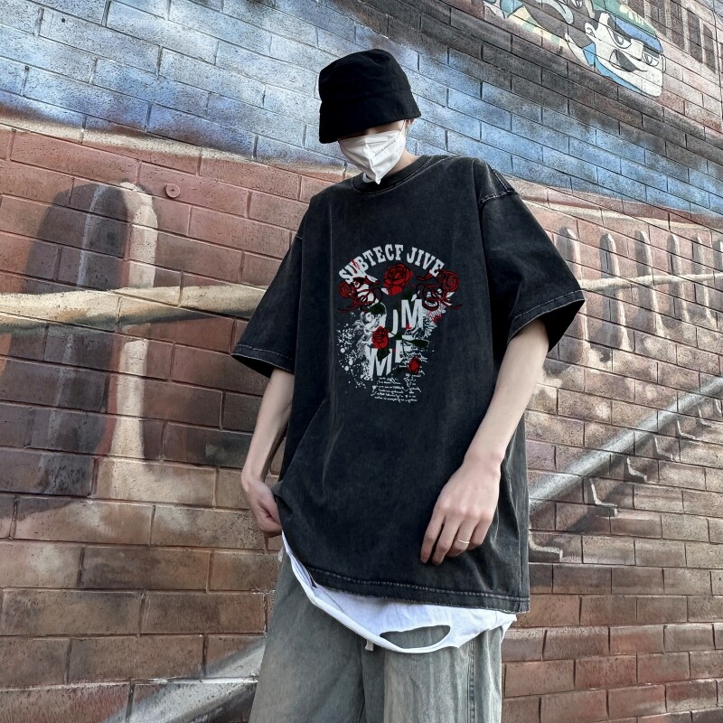 重磅纯棉短袖T恤水洗做旧印花欧美宽松五分袖学生男潮牌嘻哈特价