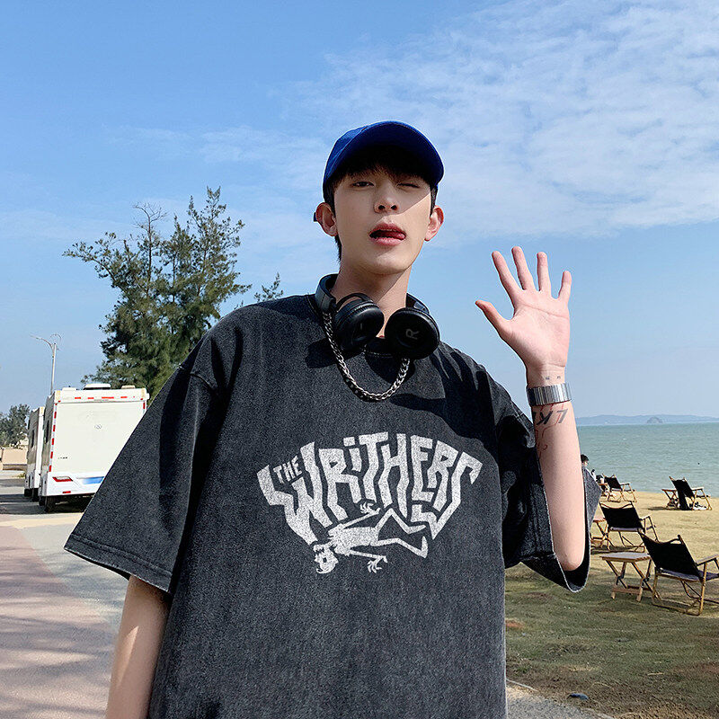 得物品质纯棉重磅水洗潮牌青少年宽松圆领短袖T恤 B219-Y356-P35