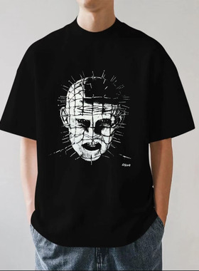 Hellraiser猛鬼追魂电影针头地狱人高街重磅280g纯棉短袖T恤宽松