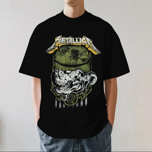 Metallica金属乐队夏季美式街头摇滚落肩重磅纯棉男女短袖T恤宽松