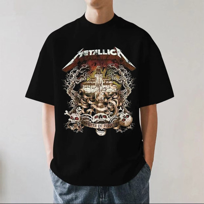 METALLICA乐队美式金属复古摇滚280g重磅纯棉男短袖落肩T恤宽松
