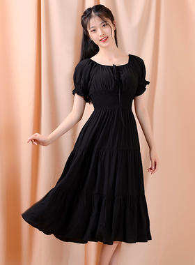 2025年夏新品女装高端气质韩版松紧腰显瘦黑色A字洋气漂亮连衣裙