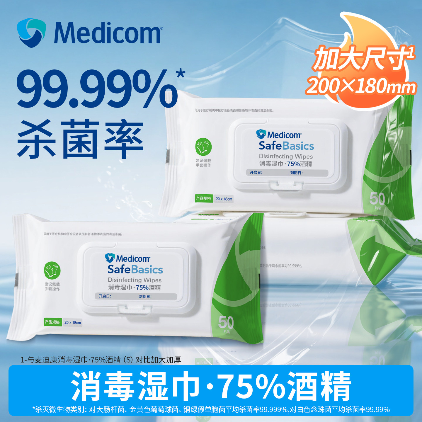 麦迪康酒精湿巾75度消毒湿巾纸清洁杀菌专用加厚大包大尺寸擦马桶